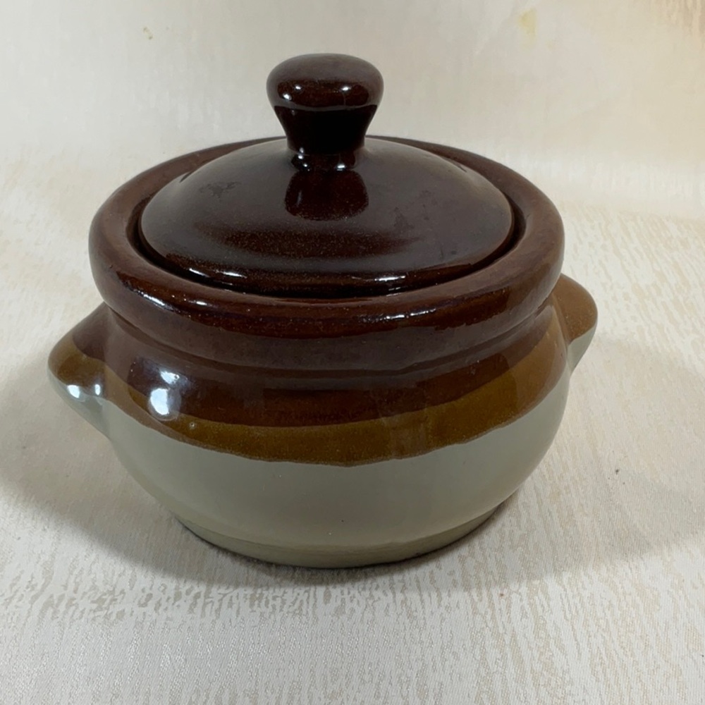 Brown and Tan Ceramic French Onion Soup Bean Crock with Cover